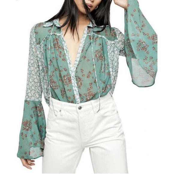 Free People Serena Floral Bell Sleeve Blouse Top Patchwork Button Green Small - Picture 1 of 12